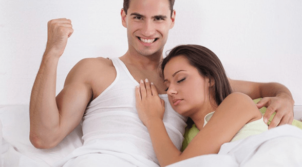 A woman and a sexually enhanced man share the same bed